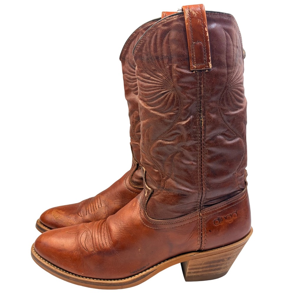 Vintage Dingo Cognac Leather Cowboy Boots Mid Calf Western Boho Mens 11D USA